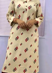 Cream Kurta with Red &amp; Grey Print