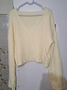 Cream Ribbed V-Neck Crop Sweater