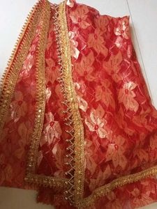 Red Lace Dupatta with Gold Border