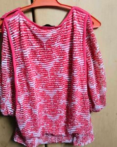 Red and White Printed Cold Shoulder Top