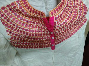 White Kurti with Pink Mirror Embroidery