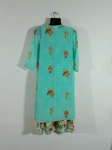 Sea Green Printed Overcoat Style Kurta Set