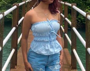 Zudio Blue Striped Ruched Tube Top