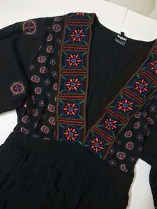 Boho Embroidered Black Mini Dress