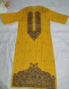 Yellow Cotton Kurta with Block Print(NEW)