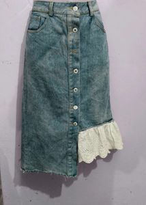 Denim Midi Skirt with Lace Trim
