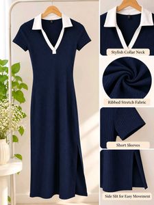 Navy Ribbed Knit Midi Dress with Collar