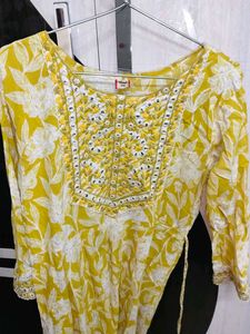 Full set Yellow Floral Kurta with Mirror Work