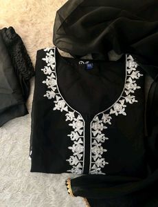 Elegant Black Kurta Set with White Embroidery