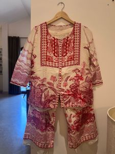 Cream & Red Floral Co-ord set - SAUNDH
