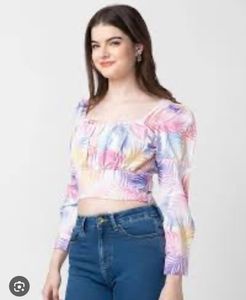 Tropical Print Square Neck Long Sleeve  Crop Top