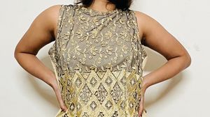 Beige Black Double Sided Blouse Top