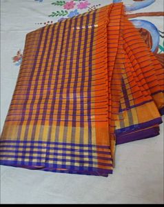 Vibrant Checked Orange Saree with blouse pc
