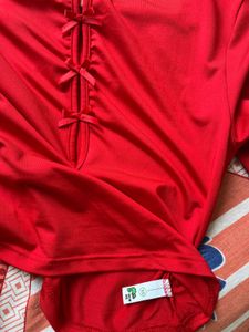 Red Long Sleeve Crop Top with Bow Detail