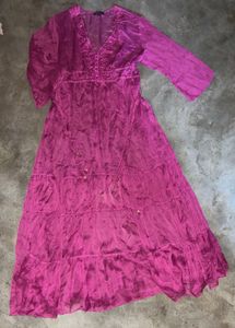 Magenta Tiered Maxi Dress with Embroidered V-Neck
