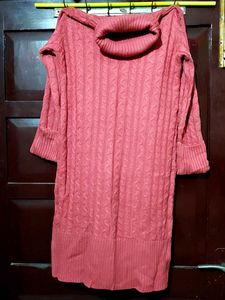 Women's Pink high neck Sweater Midi Dress
