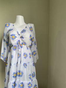 Korean Daisy Print Tiered Midi Dress