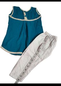 Teal Blue Top &amp; White Pants Set for Girls
