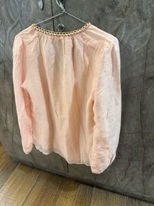 Elegant Peach Puff Sleeve Button-Up Blouse