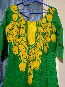 Gorgeous Green And Yellow Chikankari Kurta Set