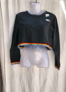 Cropped Long Sleeve Top with Rainbow Trim