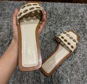 Zara Cream Eyelet Gold Tone Flat