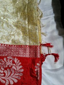 Elegant Gold &amp; Red Brocade Saree