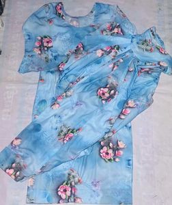 Elegant Sky Blue Floral Georgette Long Gown Set