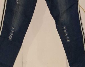 Distressed Denim Joggers with Side Stripes