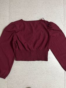 Maroon Button-Up Smocked Crop Top
