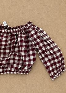 Burgundy Gingham Off-Shoulder Puff Sleeve  Crop To