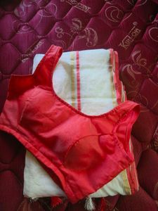 Elegant White Saree with Red Blouse