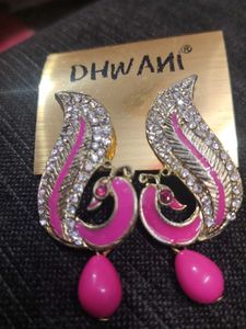 Pink & Rhinestone Peacock Earrings