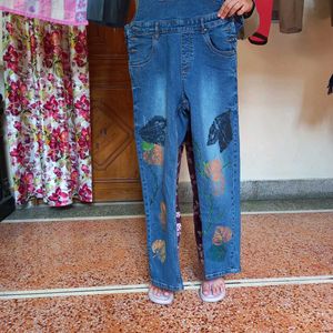 Hand-Painted Leaf Design Denim Jeans