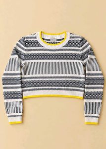 BLACK &amp; WHITE YELLOW-TRIM CROPPED KNIT SWEATER