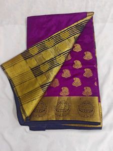 Vibrant Purple Silk Saree with Gold Border
