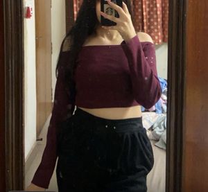 Maroon Off-Shoulder Long Sleeve Crop Top