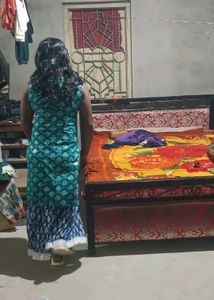 Teal &amp; Gold Leaf Print Kurti With Skirt