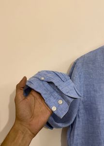 Men's Blue Linen Band Collar Shirt