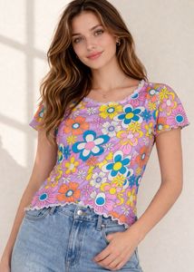 Vibrant Floral Print Lettuce Hem Top