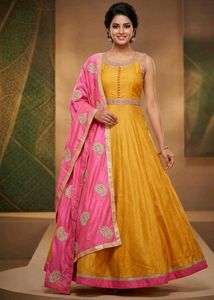 Yellow Anarkali Dress with Pink Dupatta