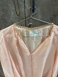 Elegant Peach Puff Sleeve Button-Up Blouse