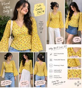 Yellow Floral Pleated Sleeve Top