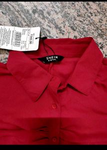 🎀Shein Red Ruched Button-Up Shirt