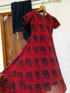 Red Printed Embellished long frock chudidar