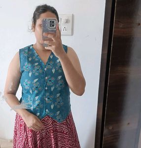 Boho Blue Floral Button-Up Vest