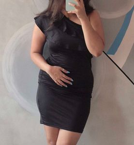 one shoulder ruffle black dress