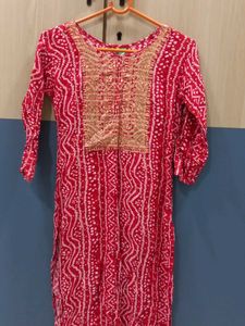 Red Bandhani Kurta with Gold Embroidery