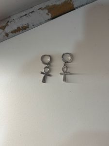 Alt Gothic Silver Ankh Charm Hoop Earrings