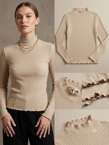 Ribbed Mock Neck Ruffle Trim Top
